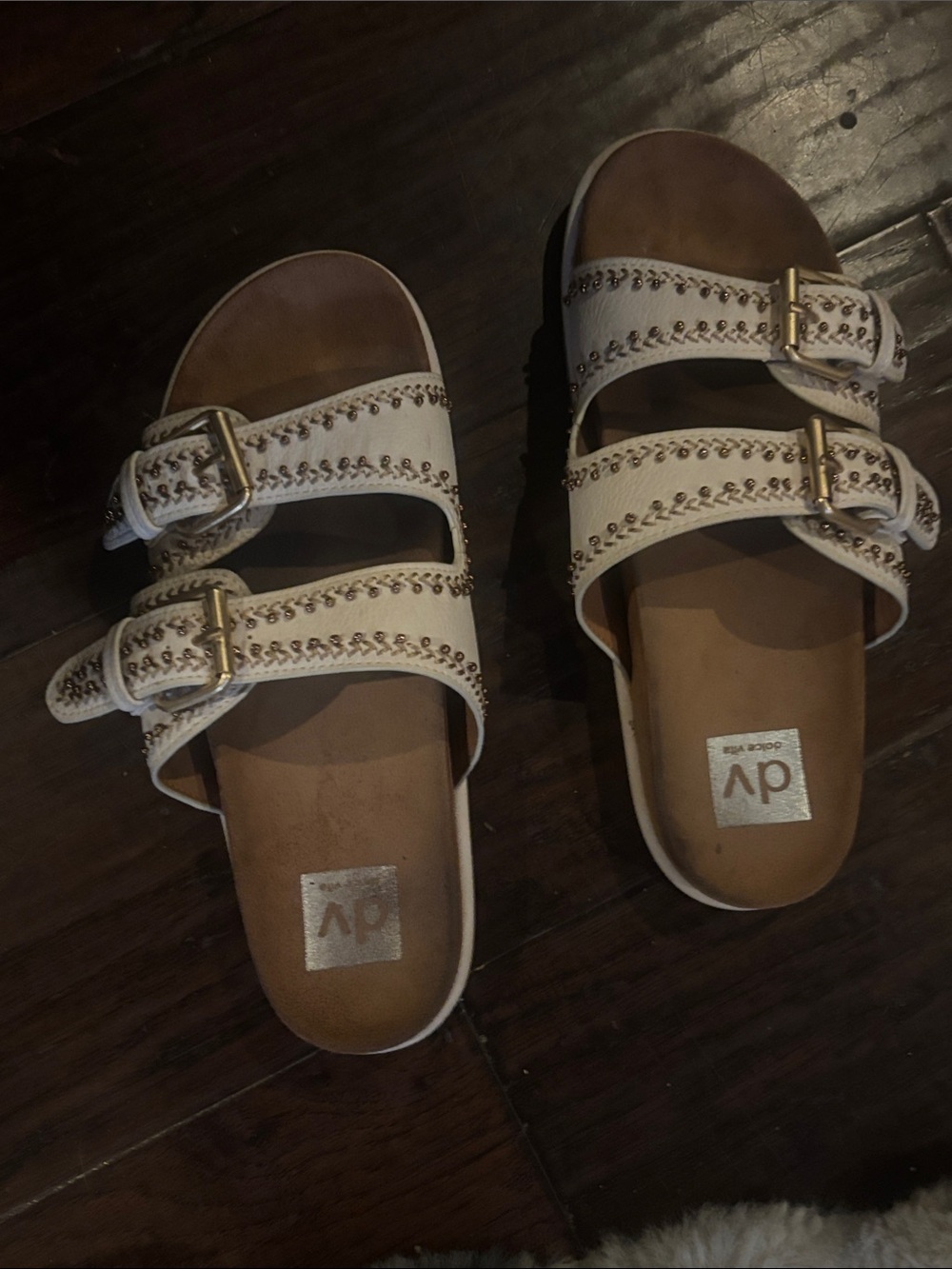 DV by Dolce Vita Phlume Cream Double-Buckle Studded Slide Sandals
